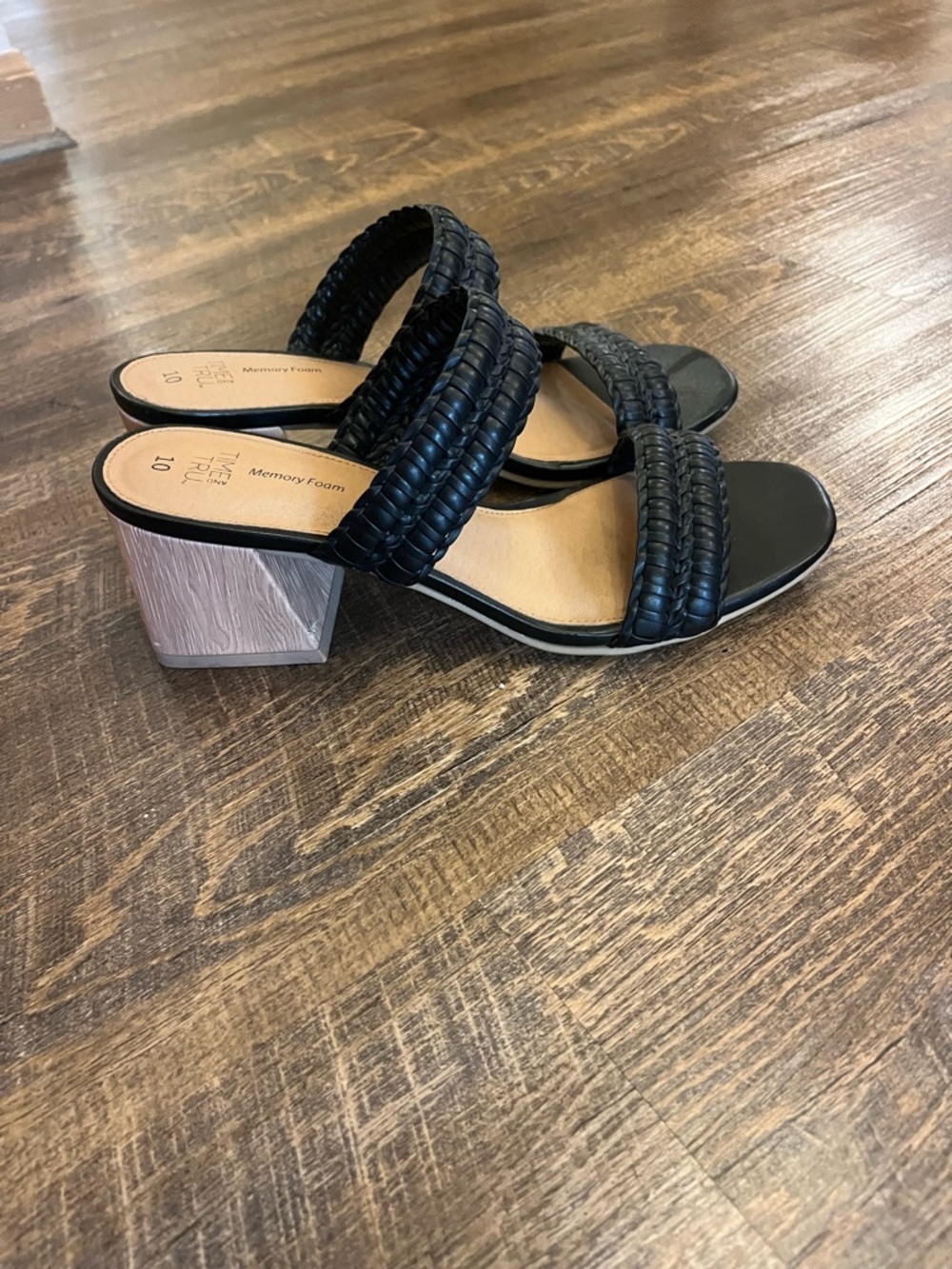 Time and Tru Black Woven Double-Strap Block Heel Sandals
